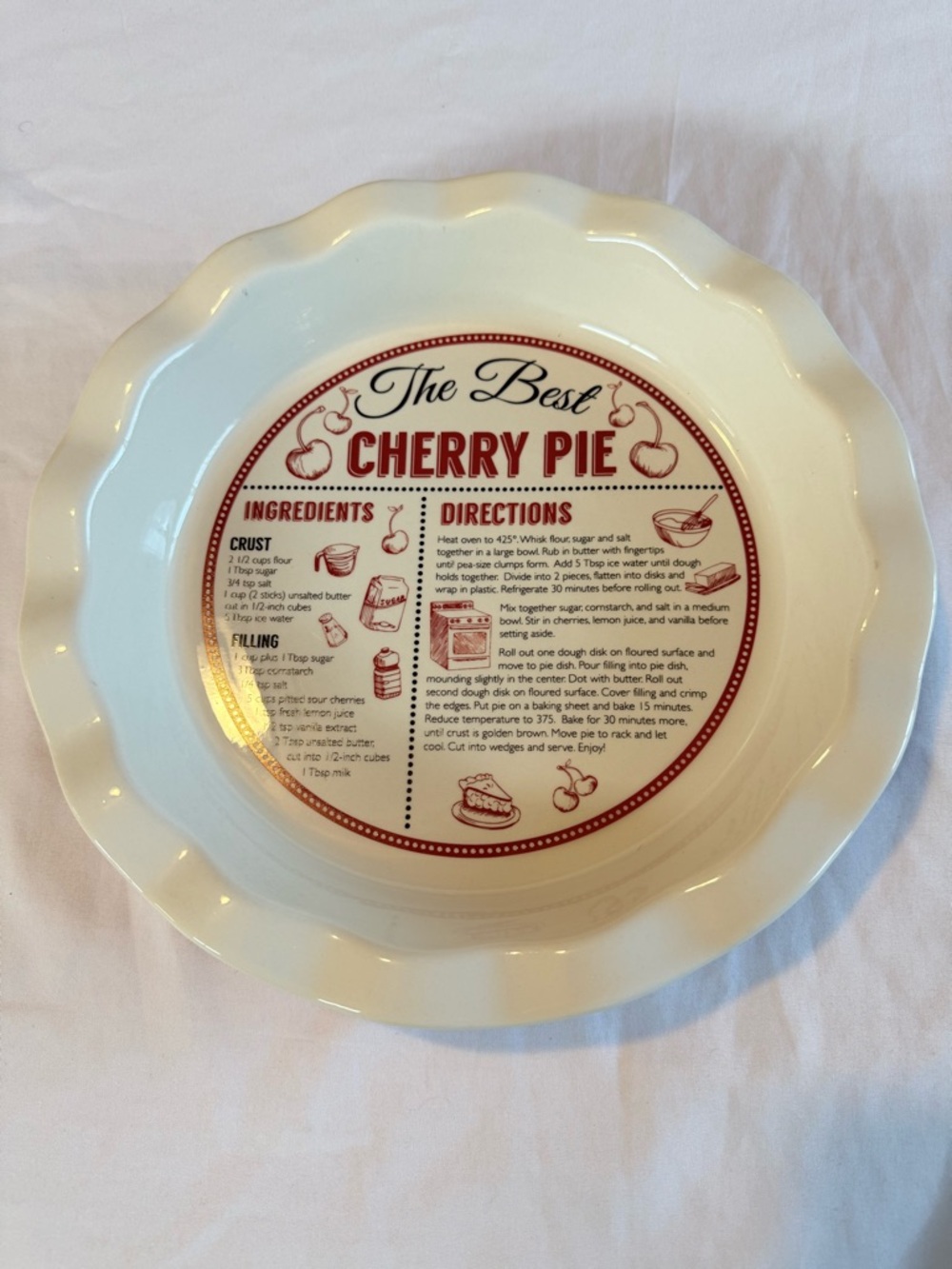 Vintage Ceramic Pie Plate Printed Cherry Pie Recipe 11” DEI Stoneware .
